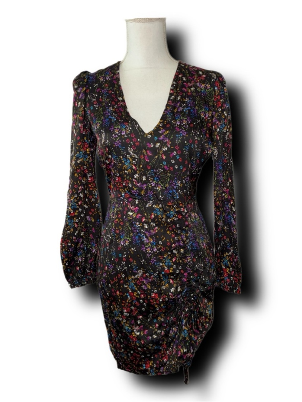 DX Collection By Dixie Floral V-Neck Long Sleeve Floral Satiny Mini Dress